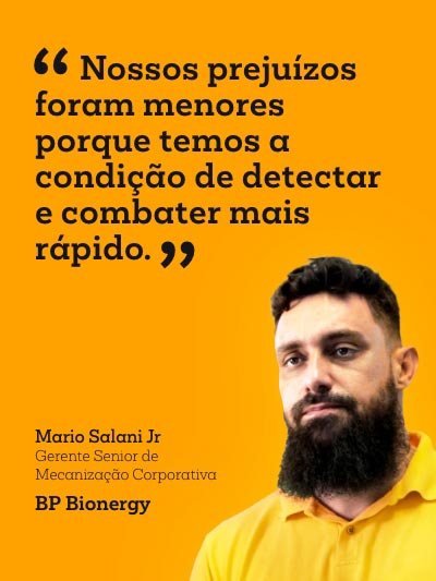 Depoimento de Mario Salani Jr., Gerente Sênior de Mecanização Corporativa da BP Bionergy, destacando como a umgrauemeio ajuda a reduzir prejuízos com a detecção rápida e combate eficiente a incêndios florestais e agrícolas.