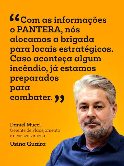Depoimento de Daniel Mucci, Gerente de Planejamento e Desenvolvimento da Usina Guaíra, elogiando o software PANTERA da umgrauemeio, que permite o posicionamento estratégico das brigadas para combate rápido e eficaz a incêndios agrícolas.